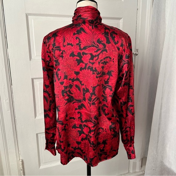 Jennifer Moore Vintage Red Black Baroque Floral Satin Blouse Mock Neck Gothic - Picture 3 of 17